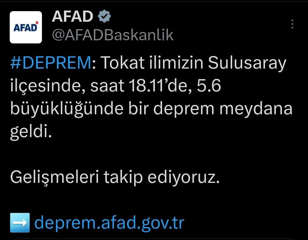 Tokat'ın Sulusaray İlçesinde 5.6 Büyüklüğünde Deprem Meydana Geldi, AFAD Ekipleri Çalışmalara Başladı